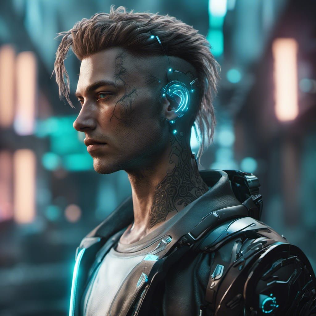 Cyberpunk, Male android, two-tone hair, LED lines, Teal Eyes, head and ...