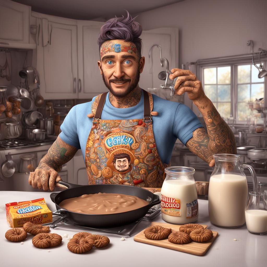 Man Cooking Peanut Butter Chocolate Skillet Cookies With Glass Jug Of 