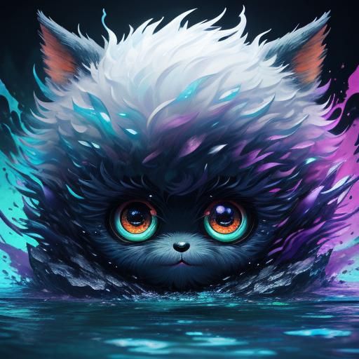 A unique creature, cute, fluffy, big chibi eyes.