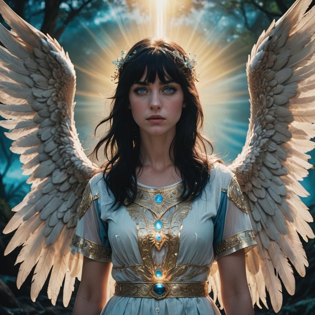 Female guardian angel with black bangs and blue eyes Cinemat...