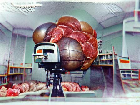 a huge sphere of meat held in suspension by a cutting edge m...