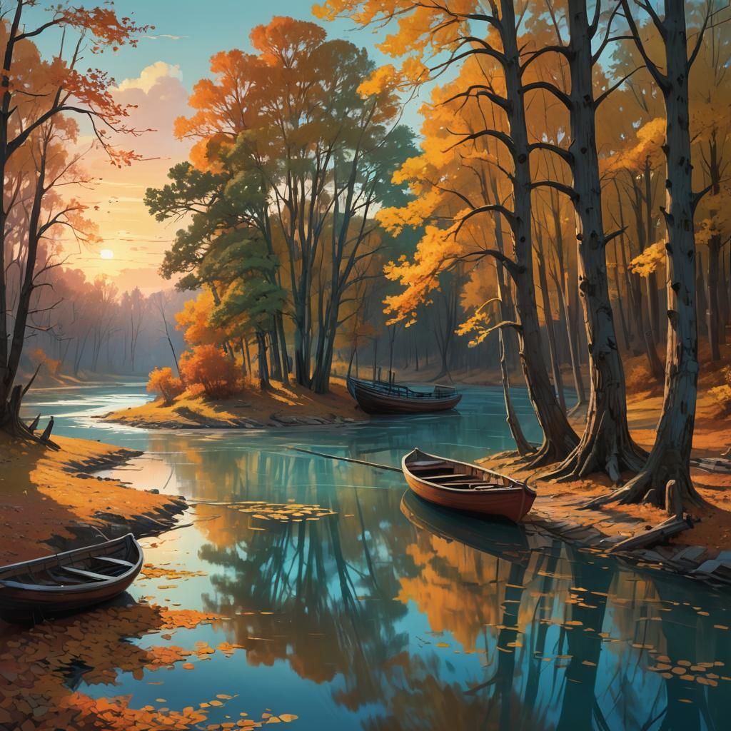 a yellow river that winds far away, on the banks grow trees ...