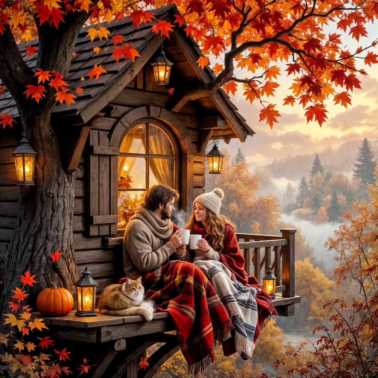 "A cozy wooden treehouse surrounded by red and orange autumn leaves. A couple sits by a window wrapped ...  by @Zacharo