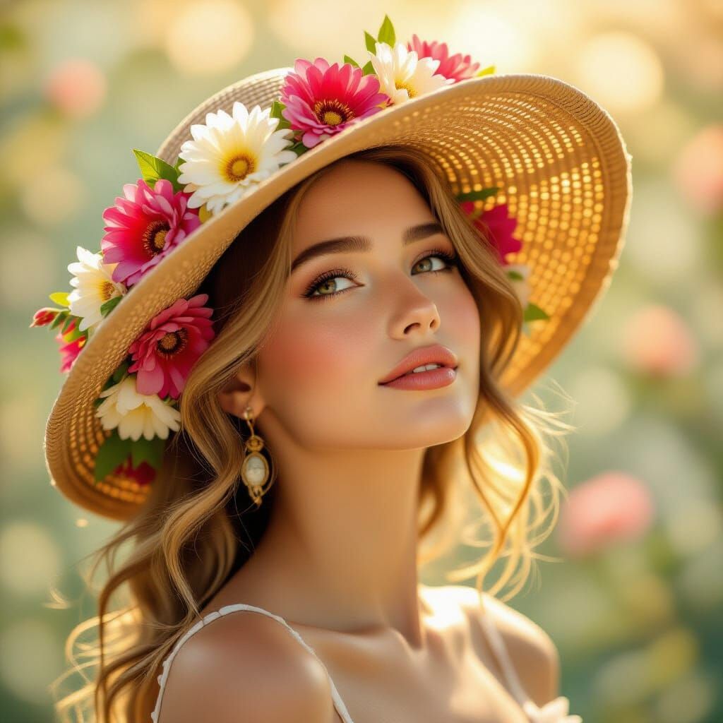 Golden Haired Woman in Floral Straw Hat, Surreal Dreamscape