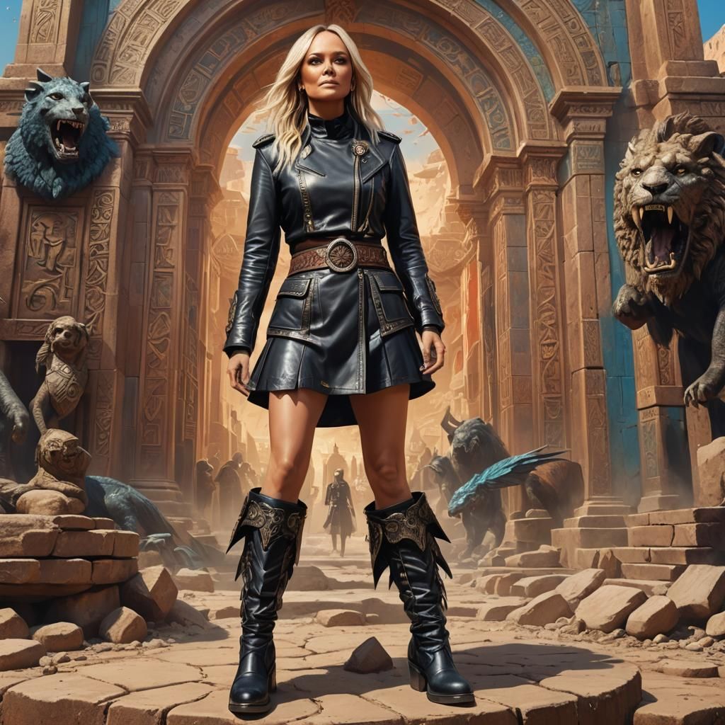 Emma Bunton in a ridiculously short leather skirt and exorbitantly high platform boots is Ashtaroth in Ancient Babylonia...