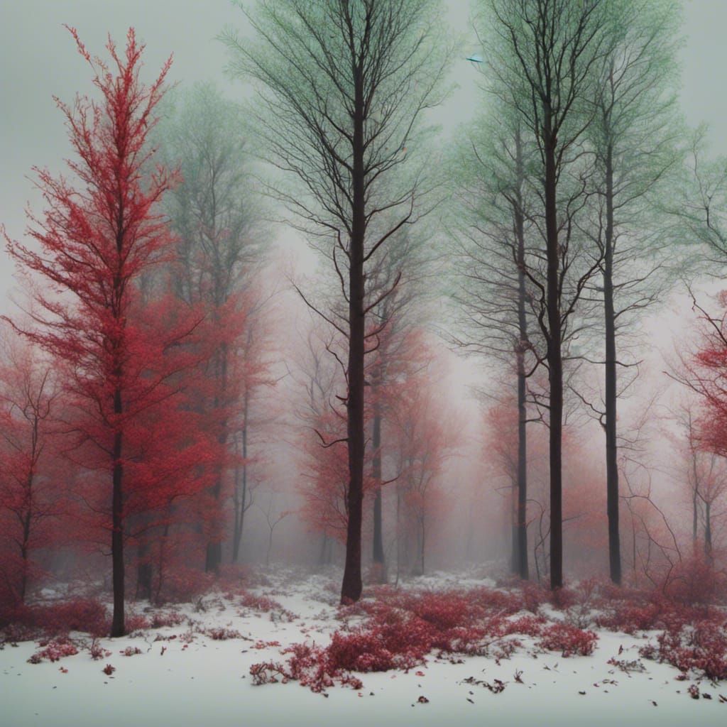 Wild woods foggy misty dark shades of crimson and green insanely realistic insanely detailed insanely intricate octane render unreal engine...