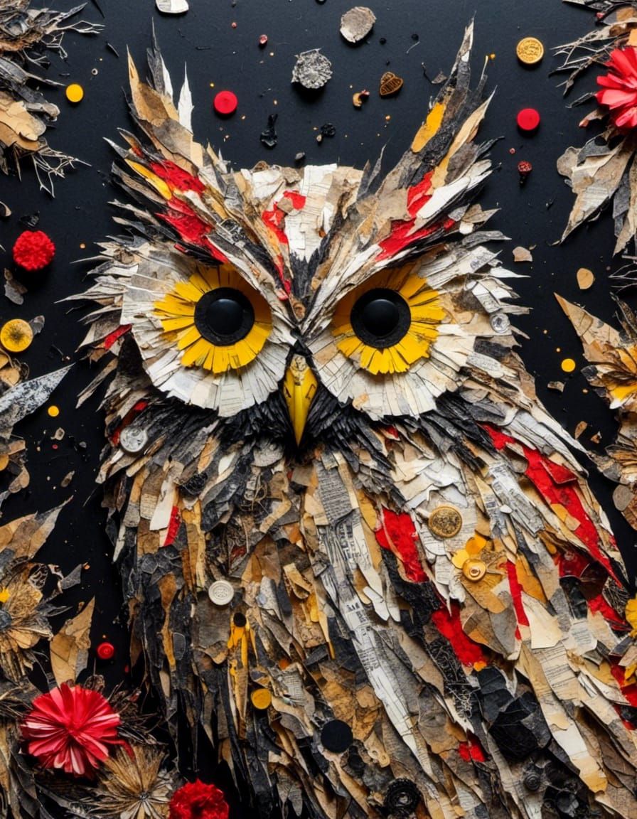 <lora:Supa Collage:1.0> Complex mixed media Collage close portrait   of a scary owl in the exploding  forest moonlight lake Collage , mixed...