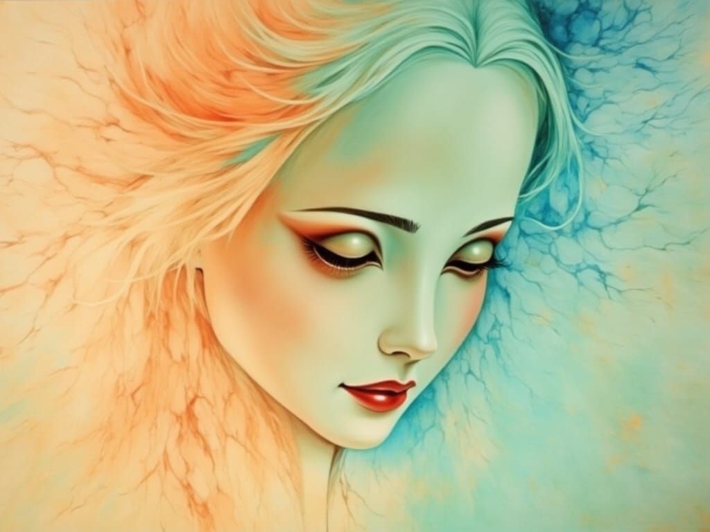 ink, female portrait, drawing, eyes open, golden hair <lora:Wooden mask:0.8> 