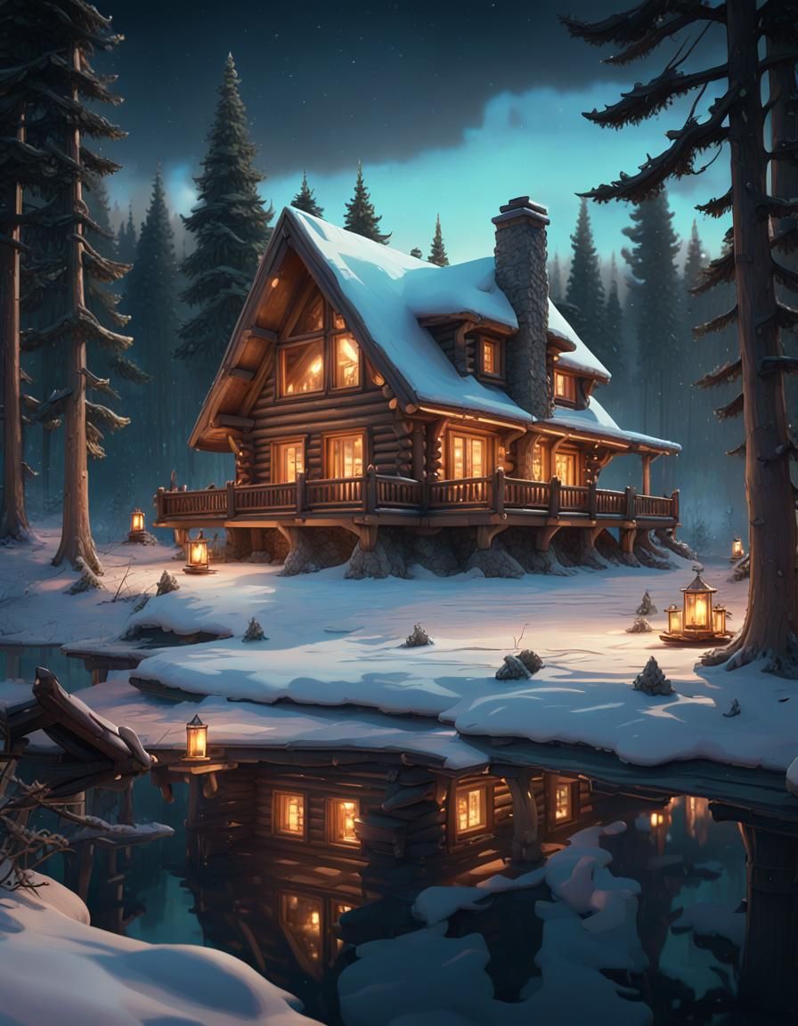 Log Cabin at night in snowy forest