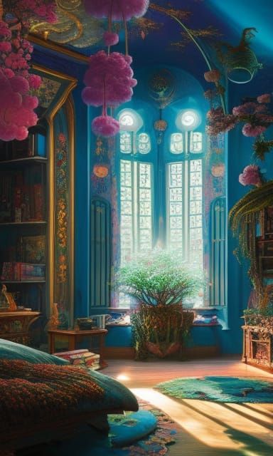 room, maximalist photoillustration: by Marton Bobzert: 8k re...