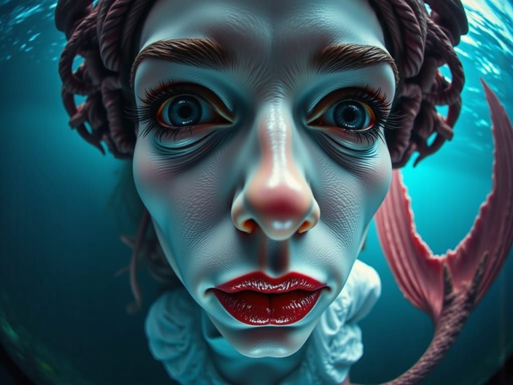 The distorted face of a mermaid, with magnified, features fills the frame, warped by a distorted fisheye lens <lora:Fisheye:1.2>