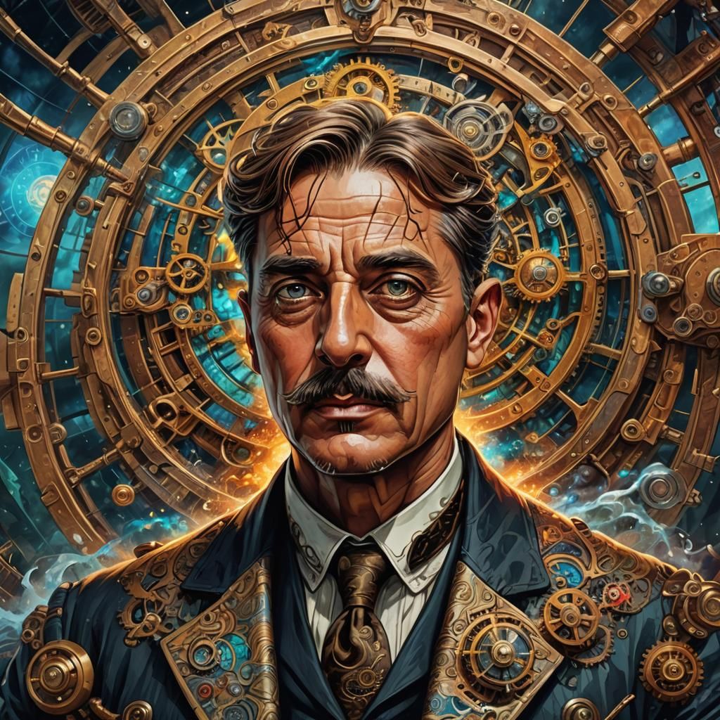 H.G.Wells's time machine moving through time, a swirling vortex of others memories, and historic events.