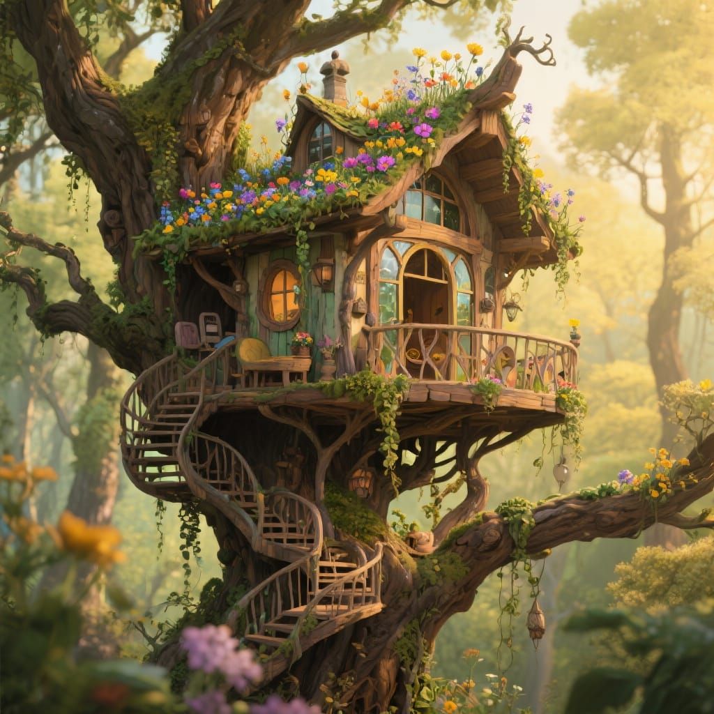 Enchanting Treehouse in Ancient Oak, Fairytale Illustration