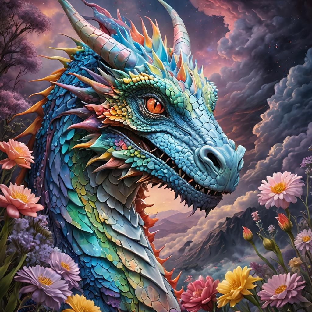 Rainbow Sky Dragon in Atmospheric Oil Painting