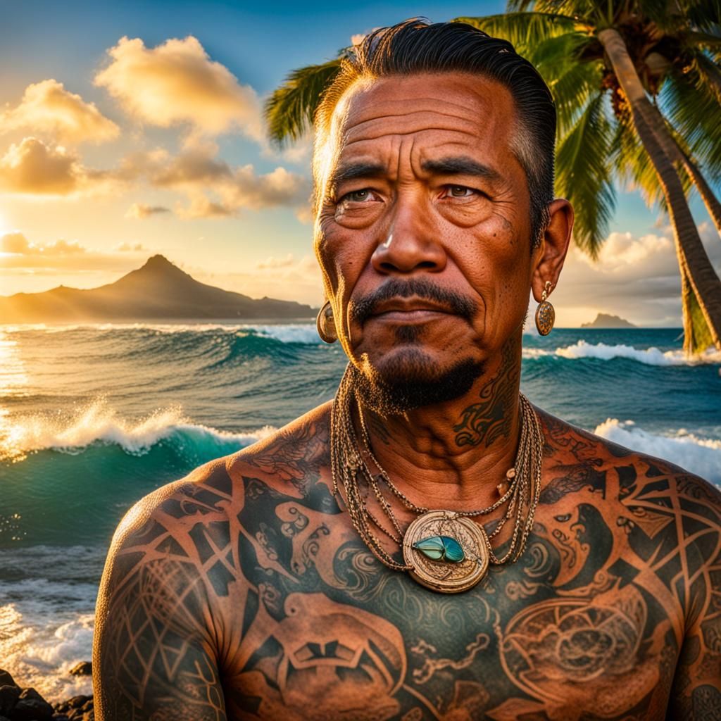 detailed colorful portrait of a man of Kanaka Maoli
