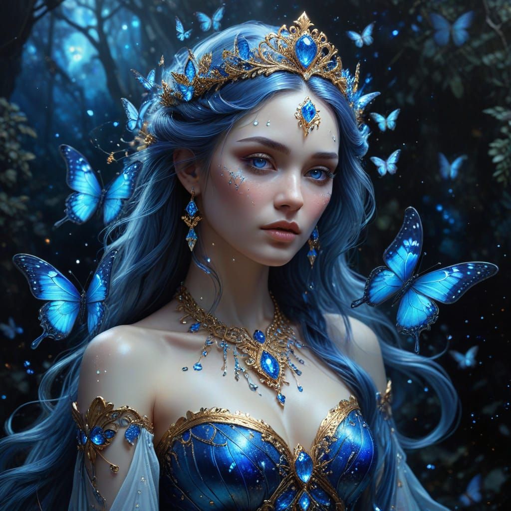 Mystical Goddess with Sapphire Hair in Cosmic Dreamscape