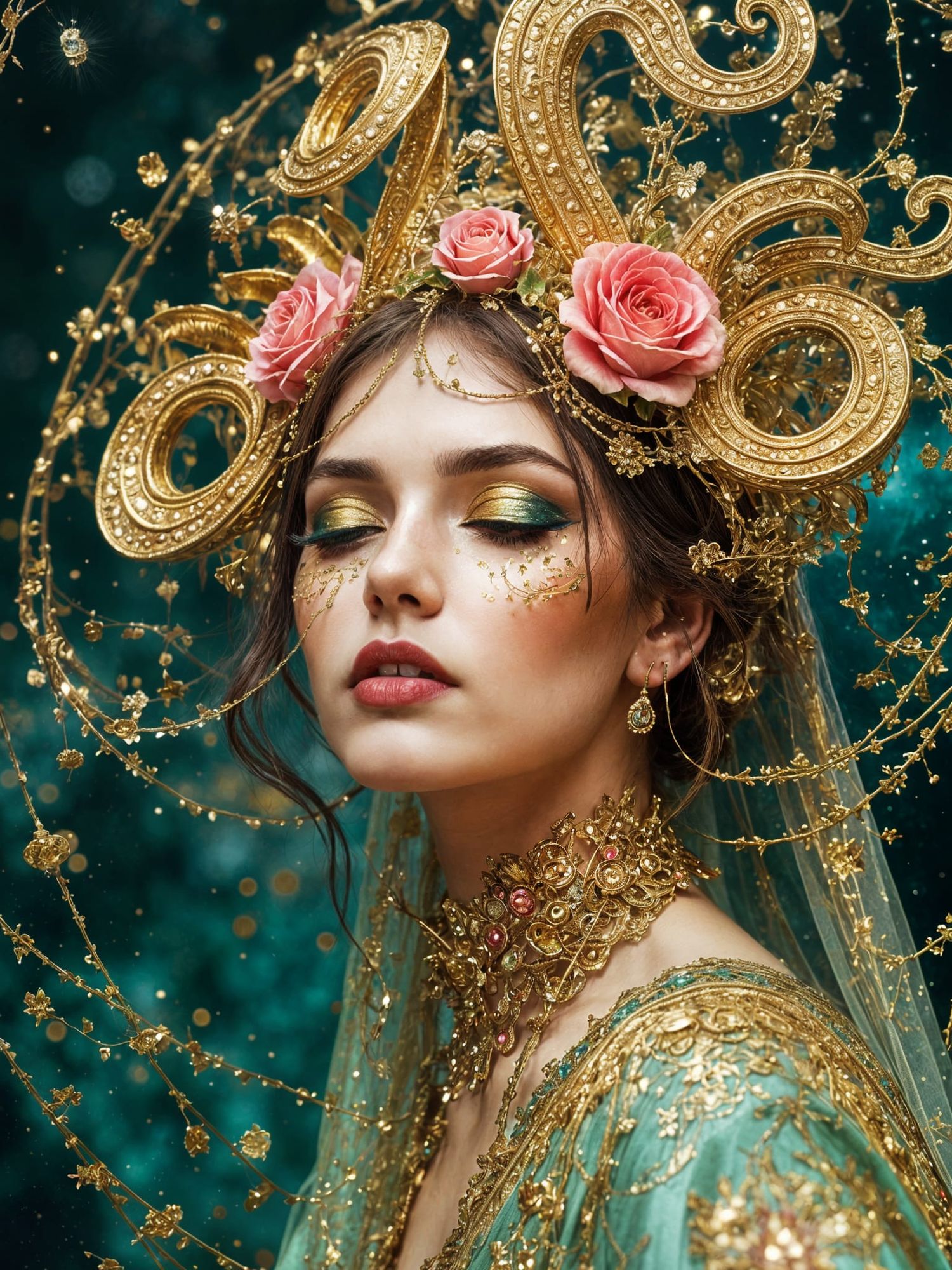 <lora:DreamweaverFlux:1.0> A mesmerizing portrait of a regal figure adorned with an elaborate golden headdress featuring curling horns, vibr...