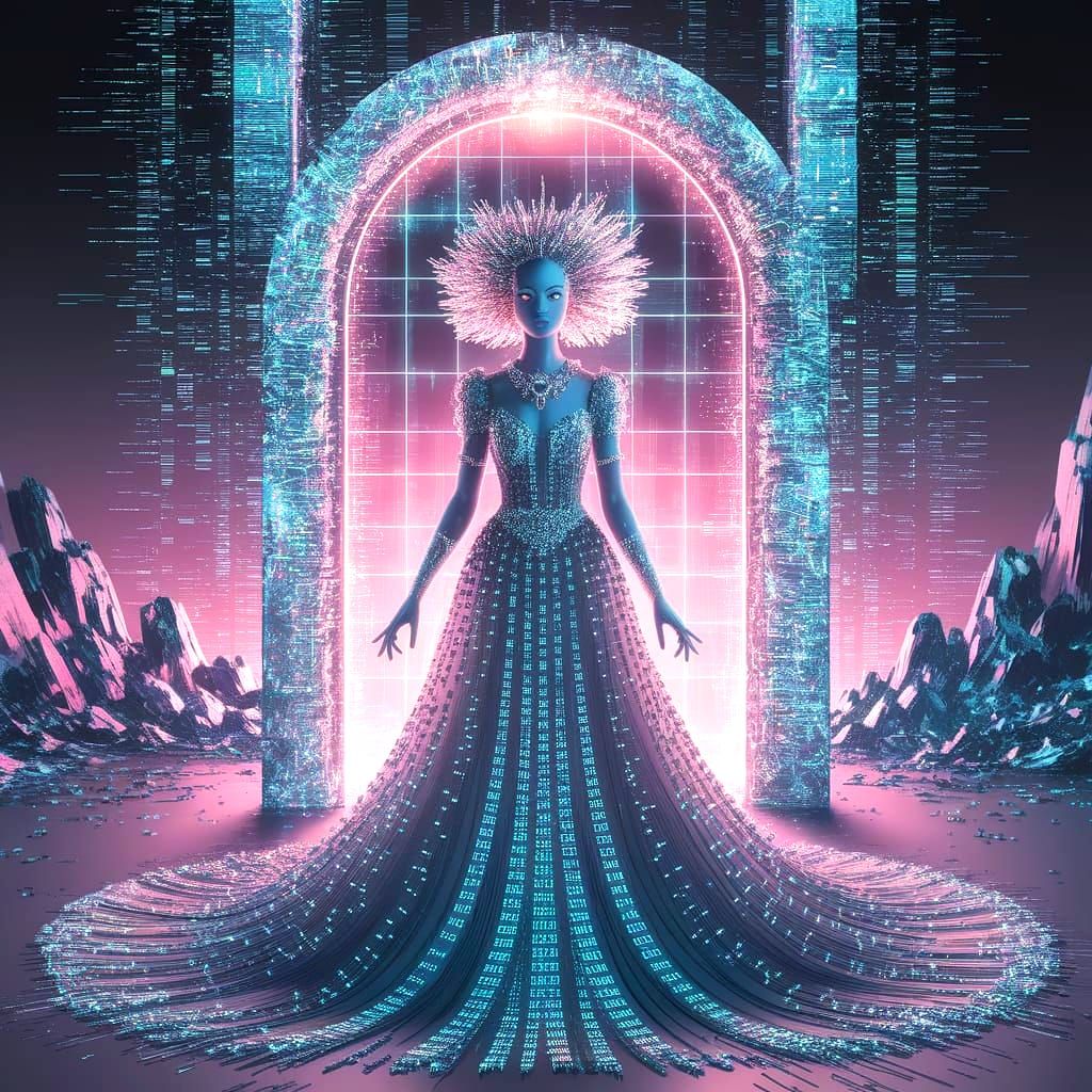 A digital enchantress with a flowing gown of binary code stands before a shimmering portal, their eyes radiating an otherworldly glow. The b...