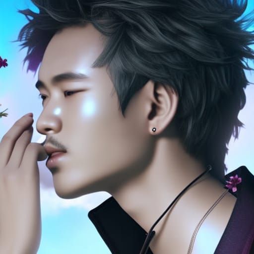 elegant stylish messy wavy short-haired japanese young man w...