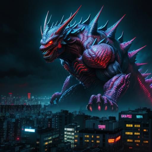 Roaring Kaiju Monster in Neon Cityscape