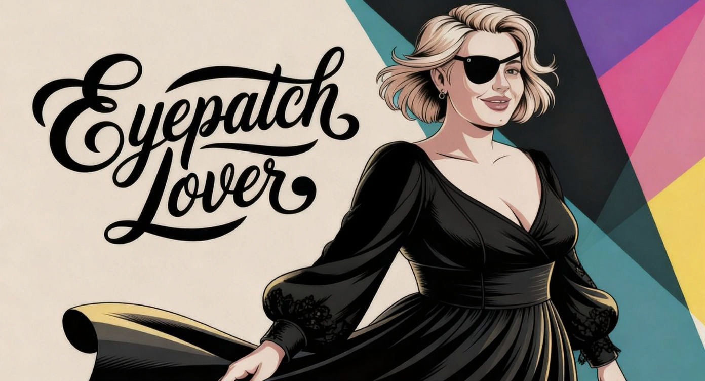 Profile cover image of woman with eyepatch with the text "Eyepatch lover" in beautiful calligraphy, no. 5