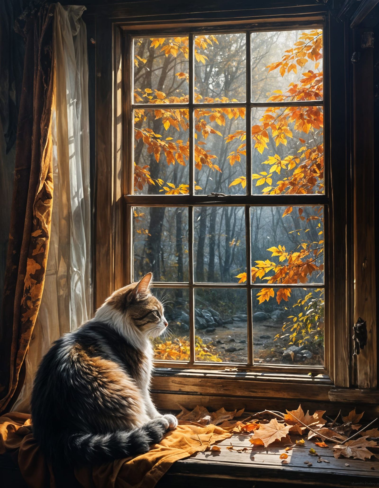 Moody Oil Painting, A secluded cozy cabin in the woods, (Main Focus: cat sunbathing in the window), surrounded ...  by @Dawnn