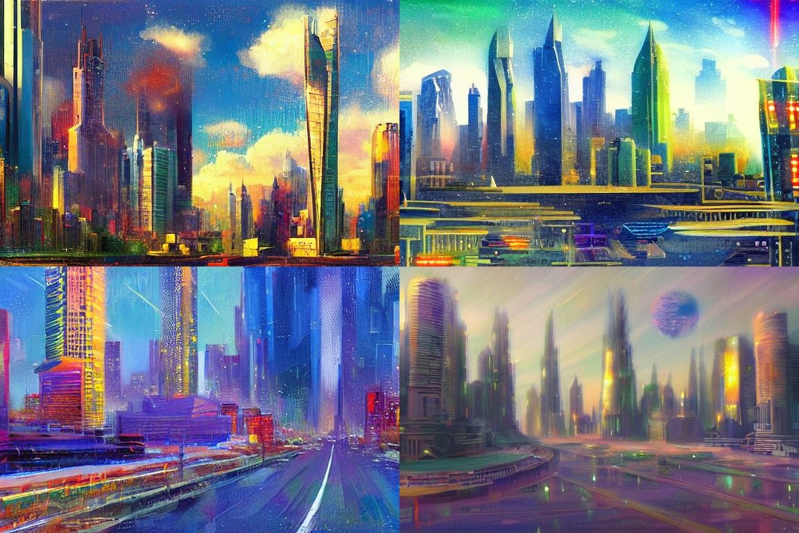 Sci-fi city in the style of American impressionism