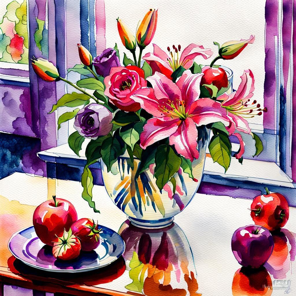 Lillies, purple roses, green apples and strawberries on a living room decoration. Watercolors, impresionism, melting alcohol ink. Subtle sof...