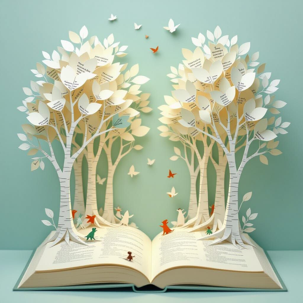 A paper forest blooms from open book.
Leaves are curled text and poetry fragments.
Hidden creatures crawl through creased paper roots.