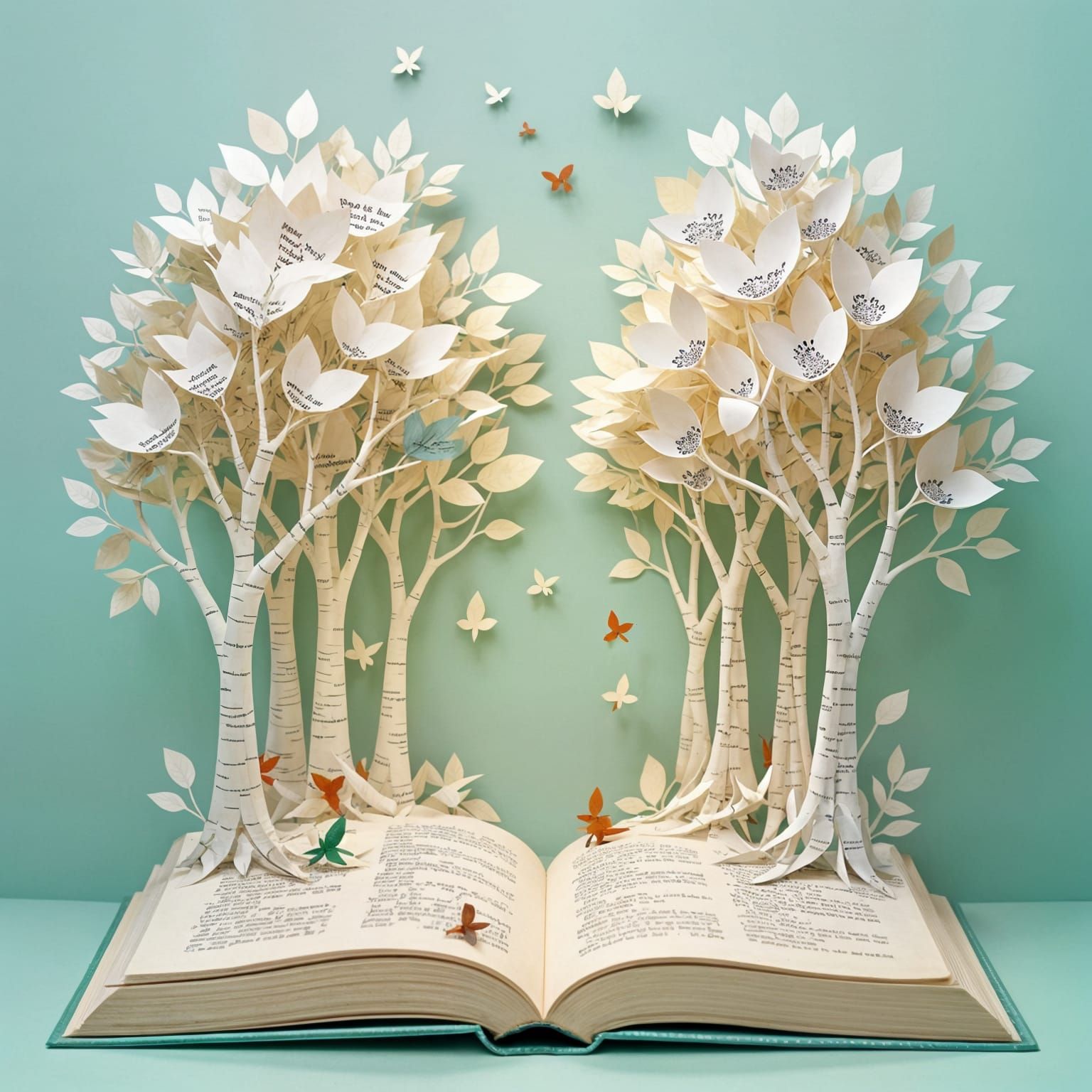 A paper forest blooms from open book.
Leaves are curled text and poetry fragments.
Hidden creatures crawl ...  by @KomBib