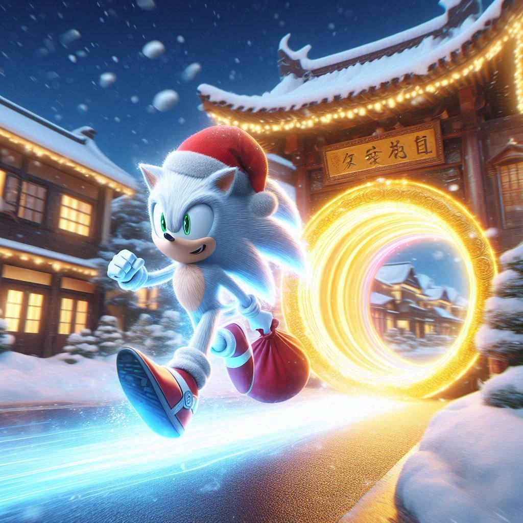 Hyper mode Sonic the Hedgehog using ring portals and faster than light speed to deliver gifts