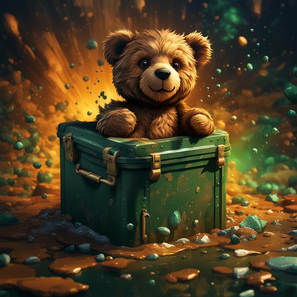 Cute brown teddy bear that got out from a big locked dark gr...