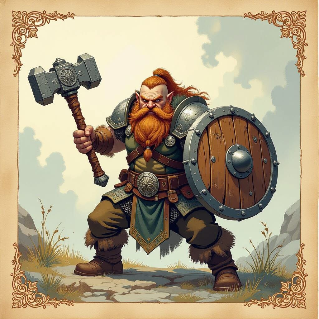  A dwarven fighter warhammer and shield. Dungeons & Dragons illustration style, with detailed painterly textures and a hand-drawn ink waterc...