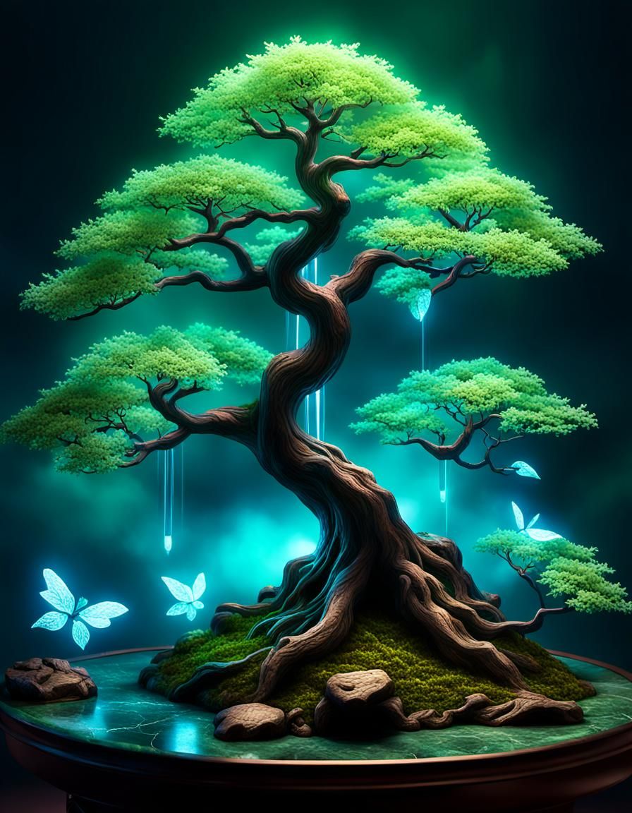 Neon Bonsai Lamp in Ethereal 3D Digital Art