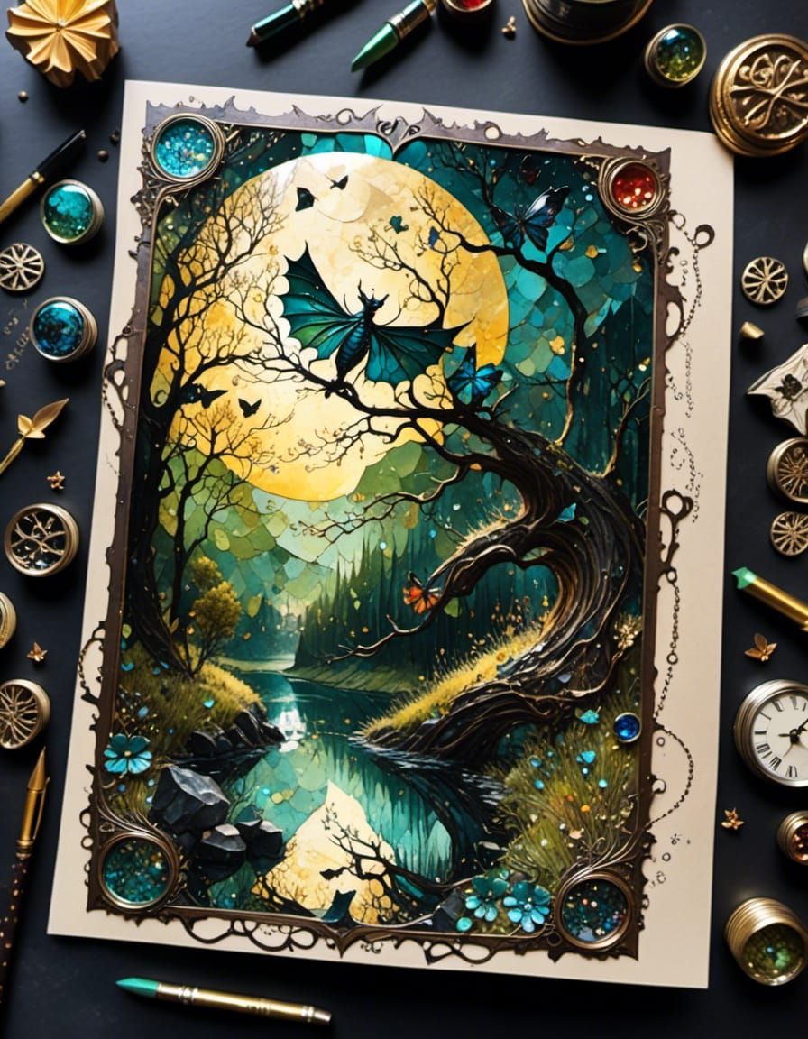 <lora:AOCP:1.0> detailed mail art, cracked fairytale, Mumford, 👻🌕🌳⛰🍂🍃🏘
