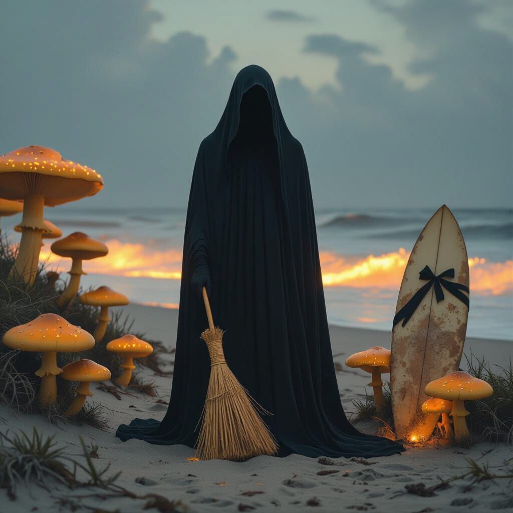 “A haunting, surreal scene on a twilight beach. A faceless, hooded figure stands motionless, cloaked in flowing black silk that flutters unn...