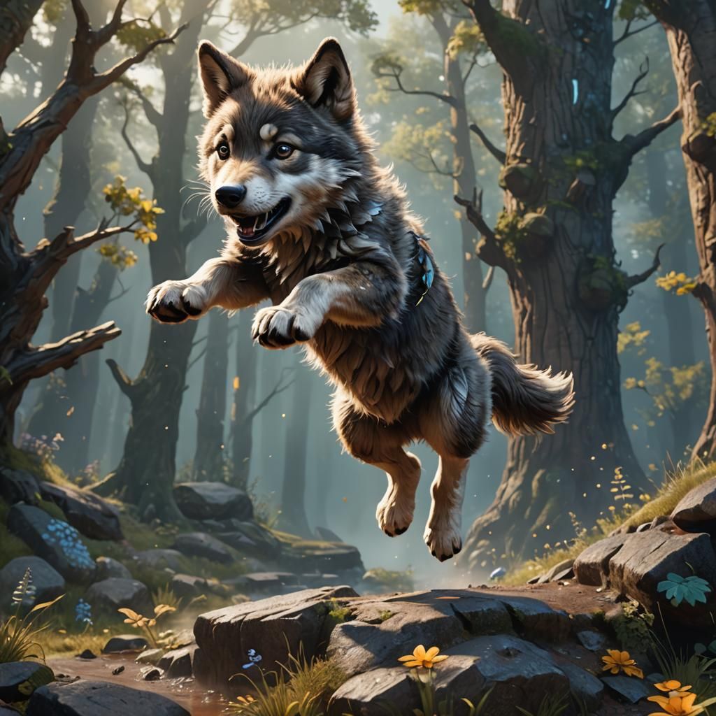 Cute wolf pup Jumping  by @Alaskan_Bear502