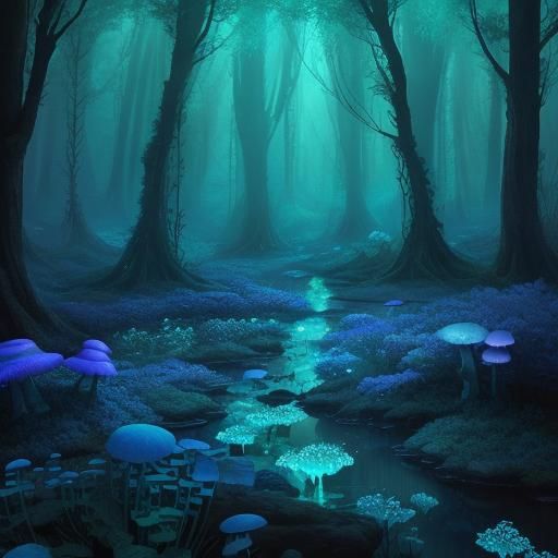 In an enchanted forest at twilight, bioluminescent plants li...