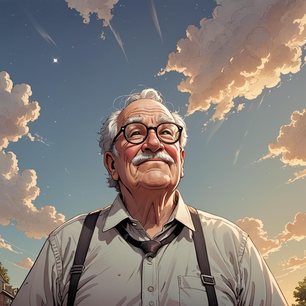 Simple cartoon drawing of an elderly, slightly overweight man wearing glasses and suspenders, looking up to the sky