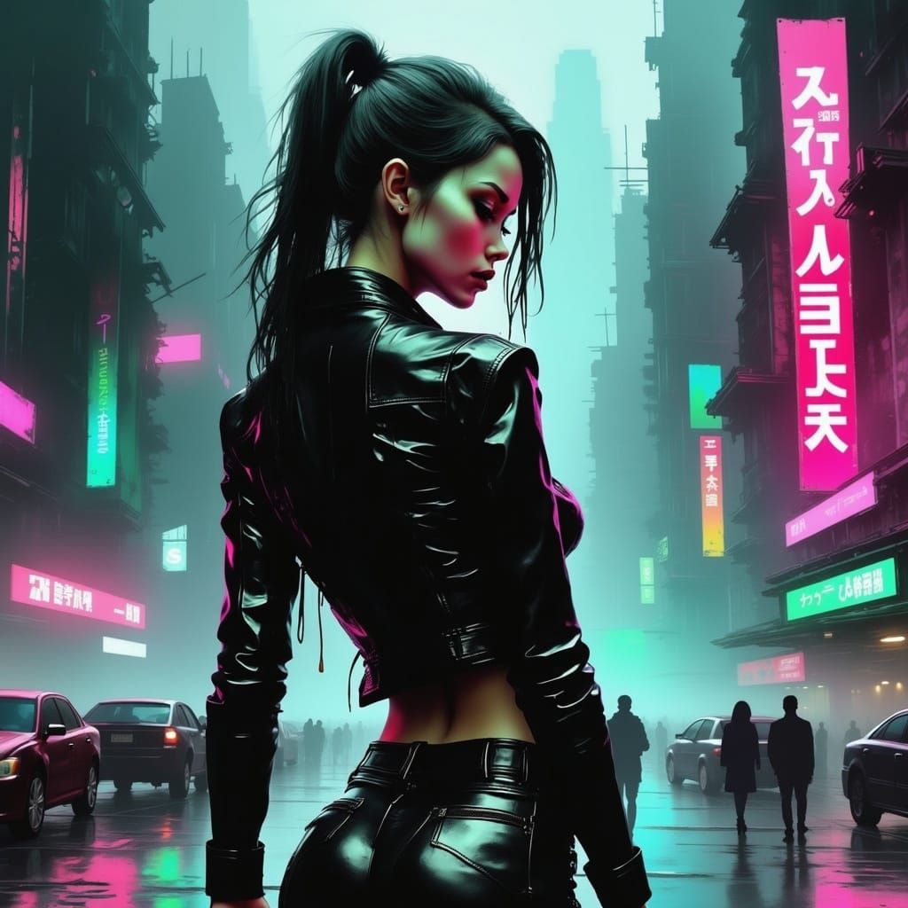 <lora:Afterlife:1.0>; 8k; a stunning photo realistic grunge painting; futuristic cyberpunk woman; distopian city at night; colorful tones; o...