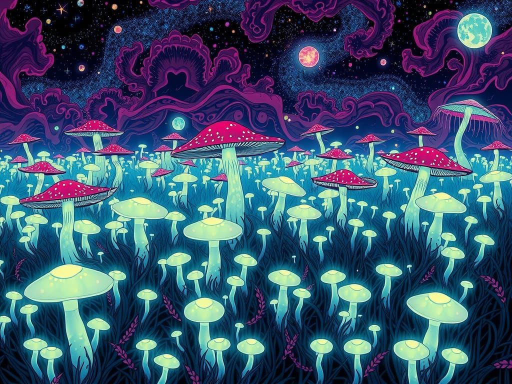 Bioluminescent mushrooms in an Art Nouveau style. A sprawling field of bioluminescent mushrooms pulsates with an otherworldly glow. Alien sp...