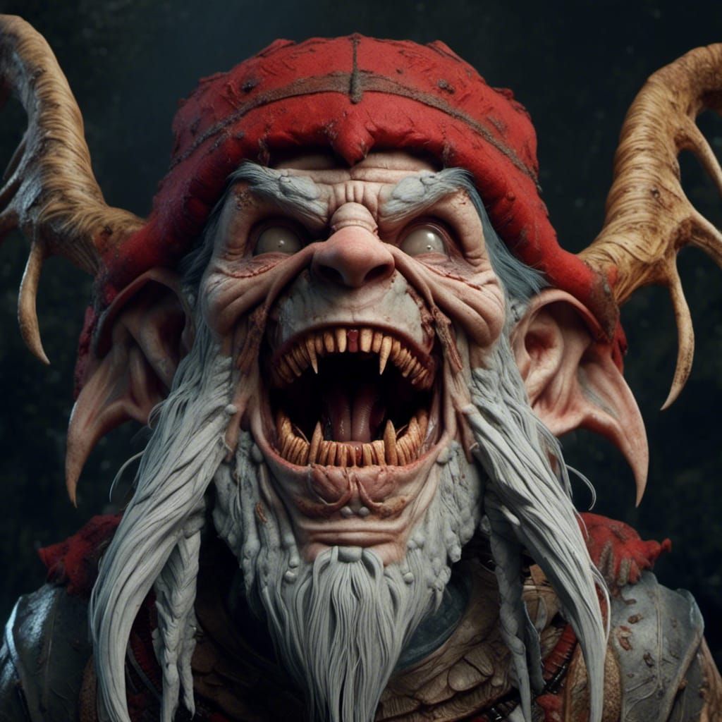 <lora:Atrocity:1.0> a nightmare gnome laughing hysterically, split chin, wide open mouth, horrible teeth, massive mandibles