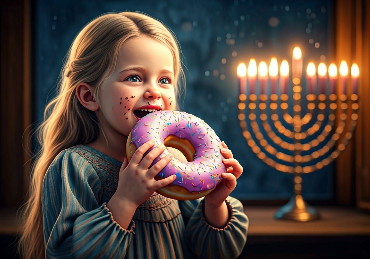 Whimsical Girl Devours Rainbow Donut near Glowing Menorah