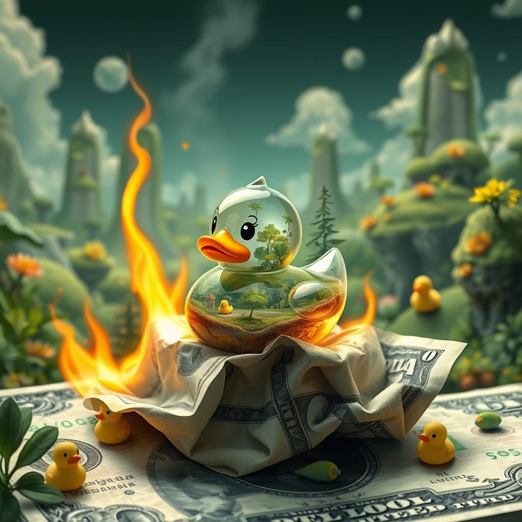 a very small transparent rubber duck with an ecological biosphere inside, with an angry face, sitting ...  by @undefined