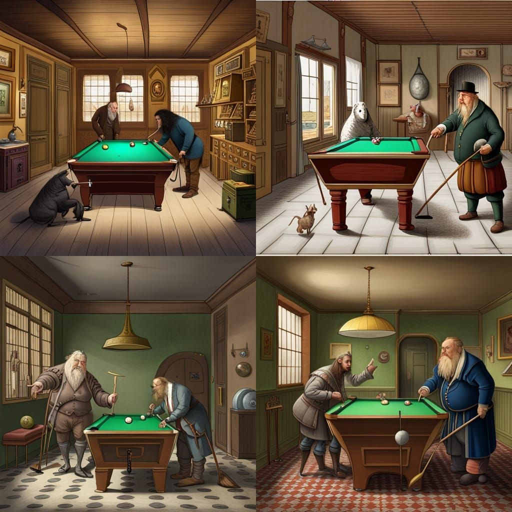 A three-pointed horse plays billiards with a dwarf