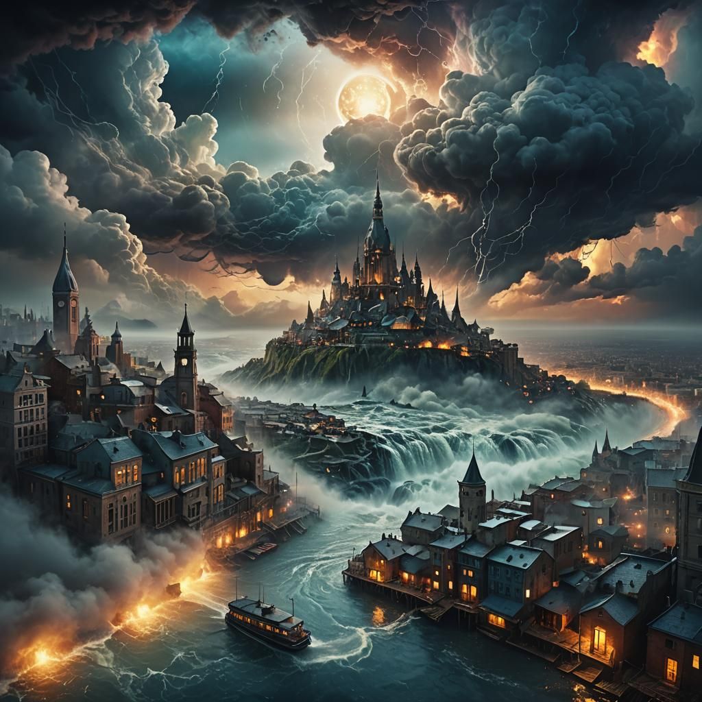 Surreal City Above Storm in Dreamlike Artwork