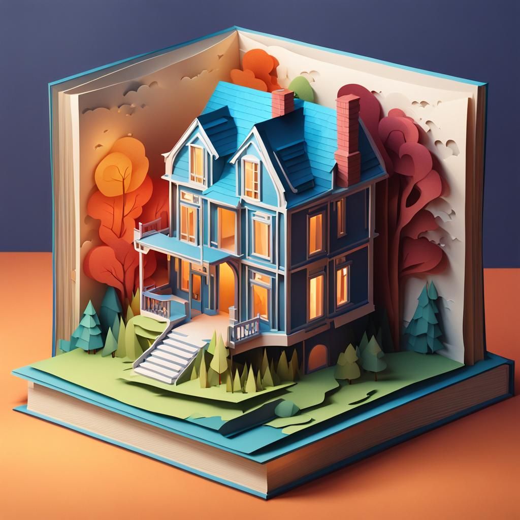 Create an open book 3D paper cut art of house  featuring iso...
