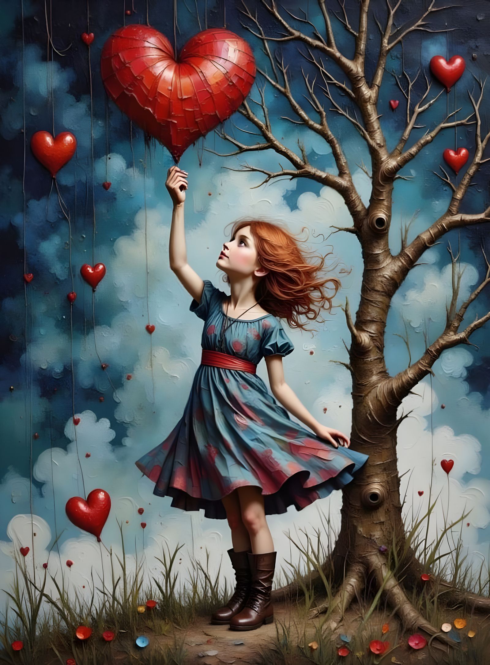 Girl Reaching for Heart on Whimsical Tree