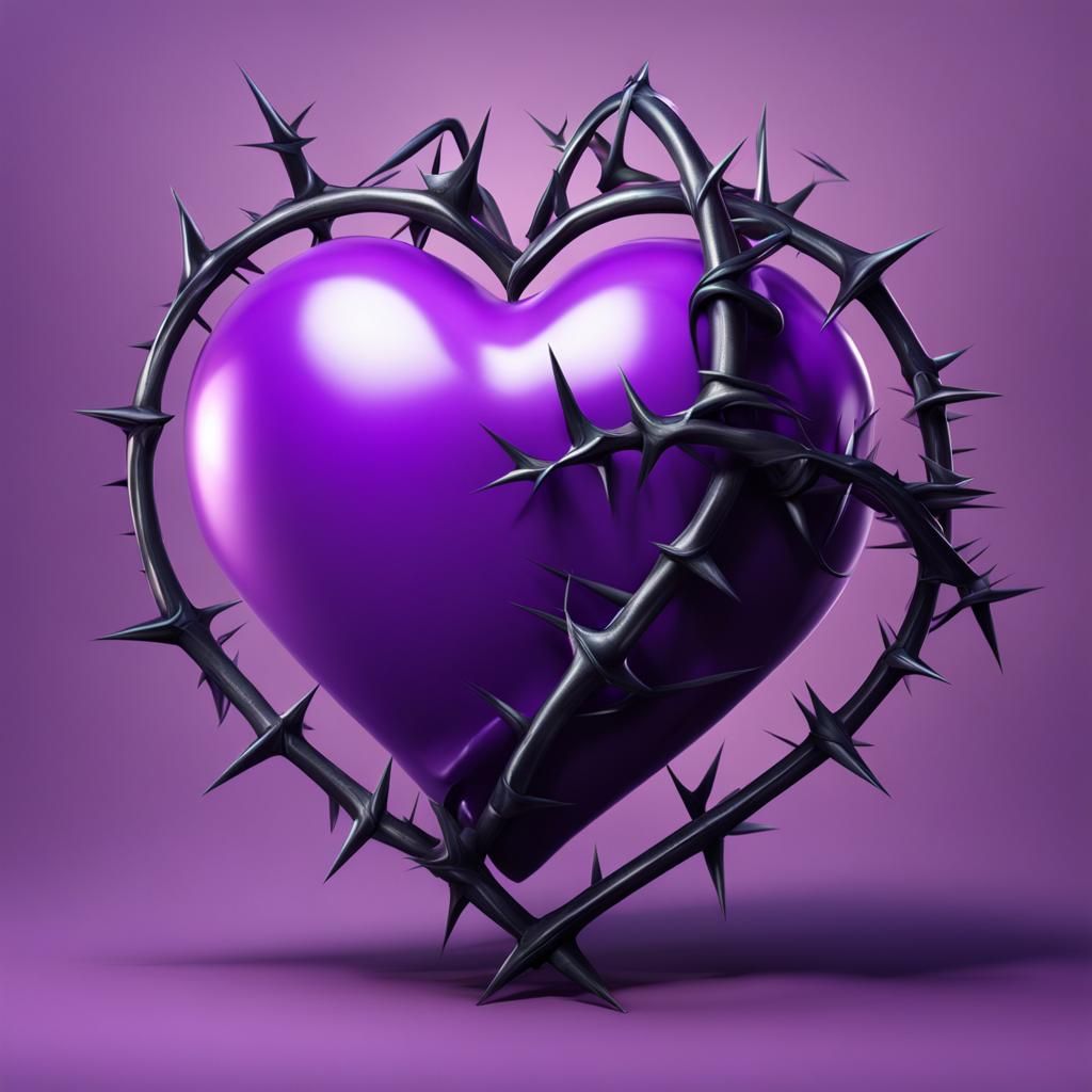 Two hearts  one black one purple entwined  
With thorns 