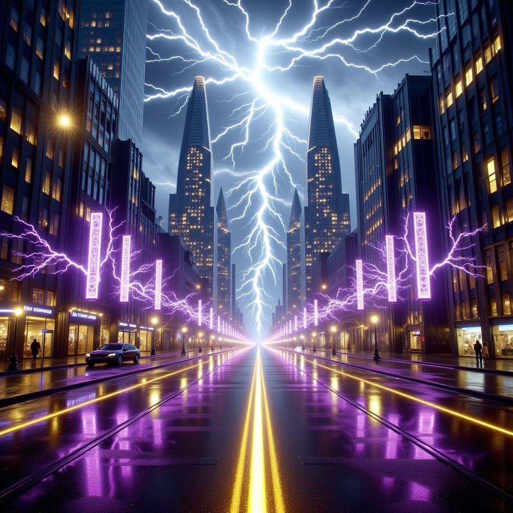 <lora:Electrifying:1.0>Scene of a thunderstorm in an abandoned futuristic street, electrifying, silver, purple, gold, vomits of electrifying...